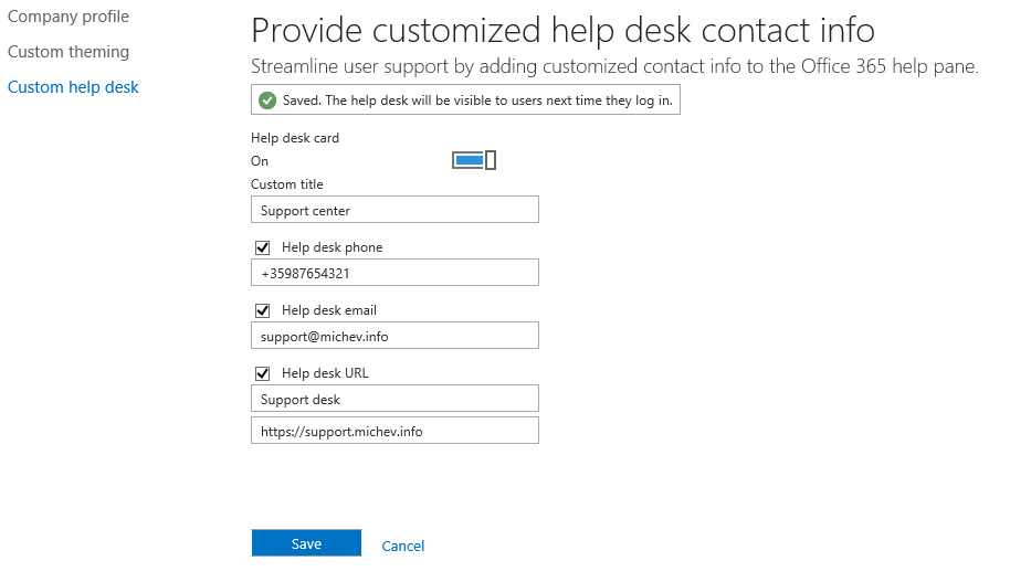 New pages in O365: the user settings page and the organizational support card 2 121616 1234 NewpagesinO2