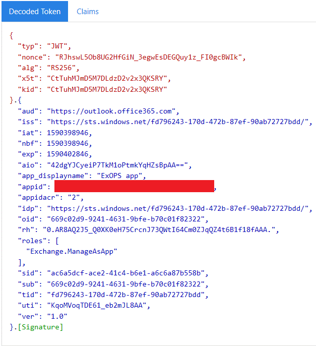 Multi-tenant scenarios for ExO PowerShell certificate-based authentication 2 Decoded Access token