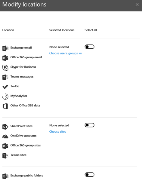 Using the new Content Search an eDiscovery UI in Office 365 3 Search locations