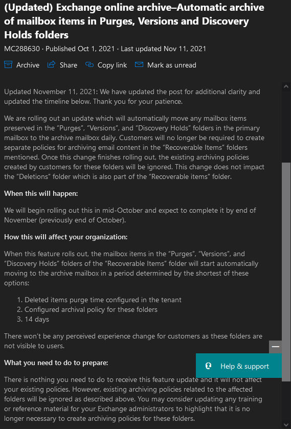 Updated retention settings for the Recoverable items subtree 1 MC288630