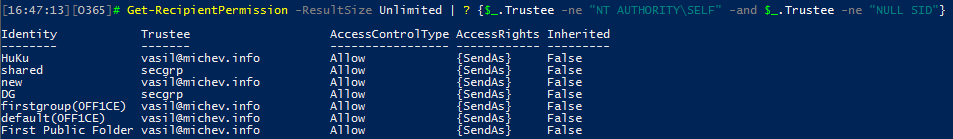 Office 365 Permissions inventory: Send As 2 Send As permissions PowerShell example