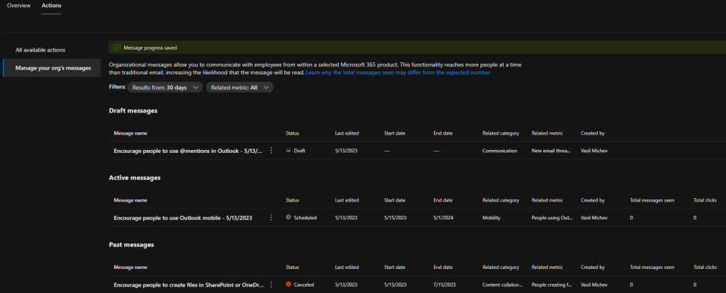 Manage organizational messages