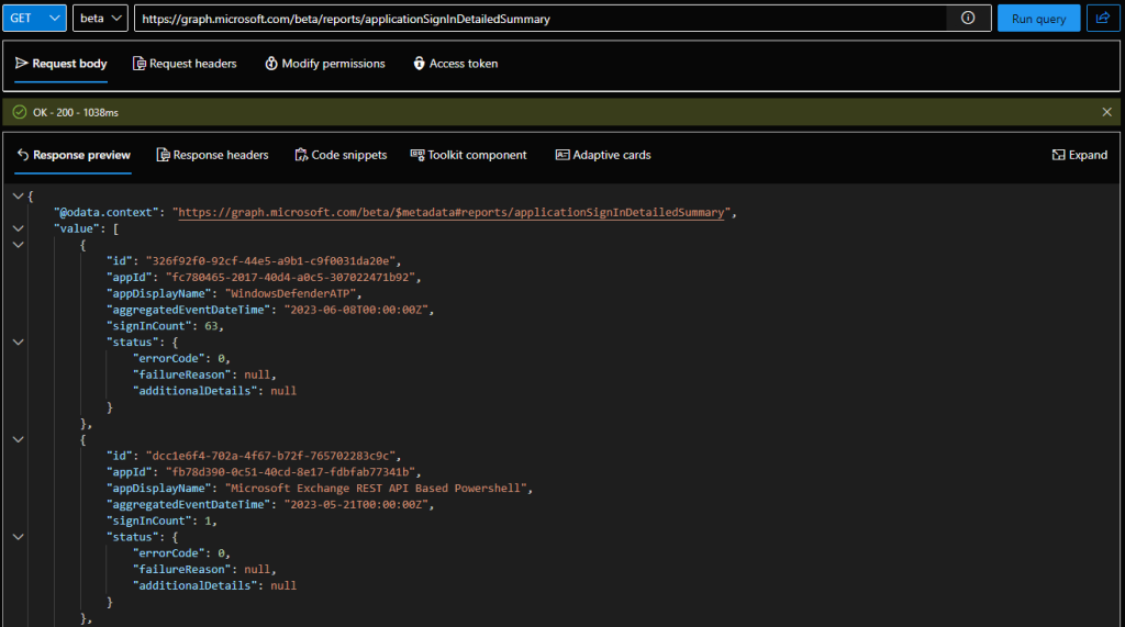 Accessing the Application usage "details" view via the Graph explorer