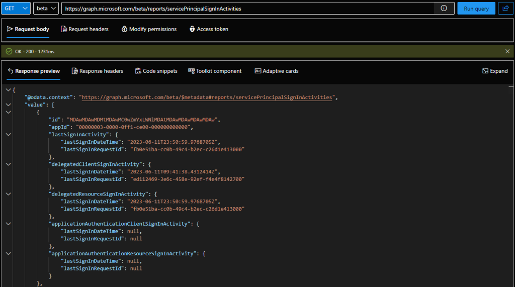 Retrieving the service principal sign-in report via the Graph explorer