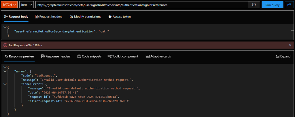 Configure user's default MFA method via the Graph API 3 Attempting to configure a default MFA method via the Graph explorer tool